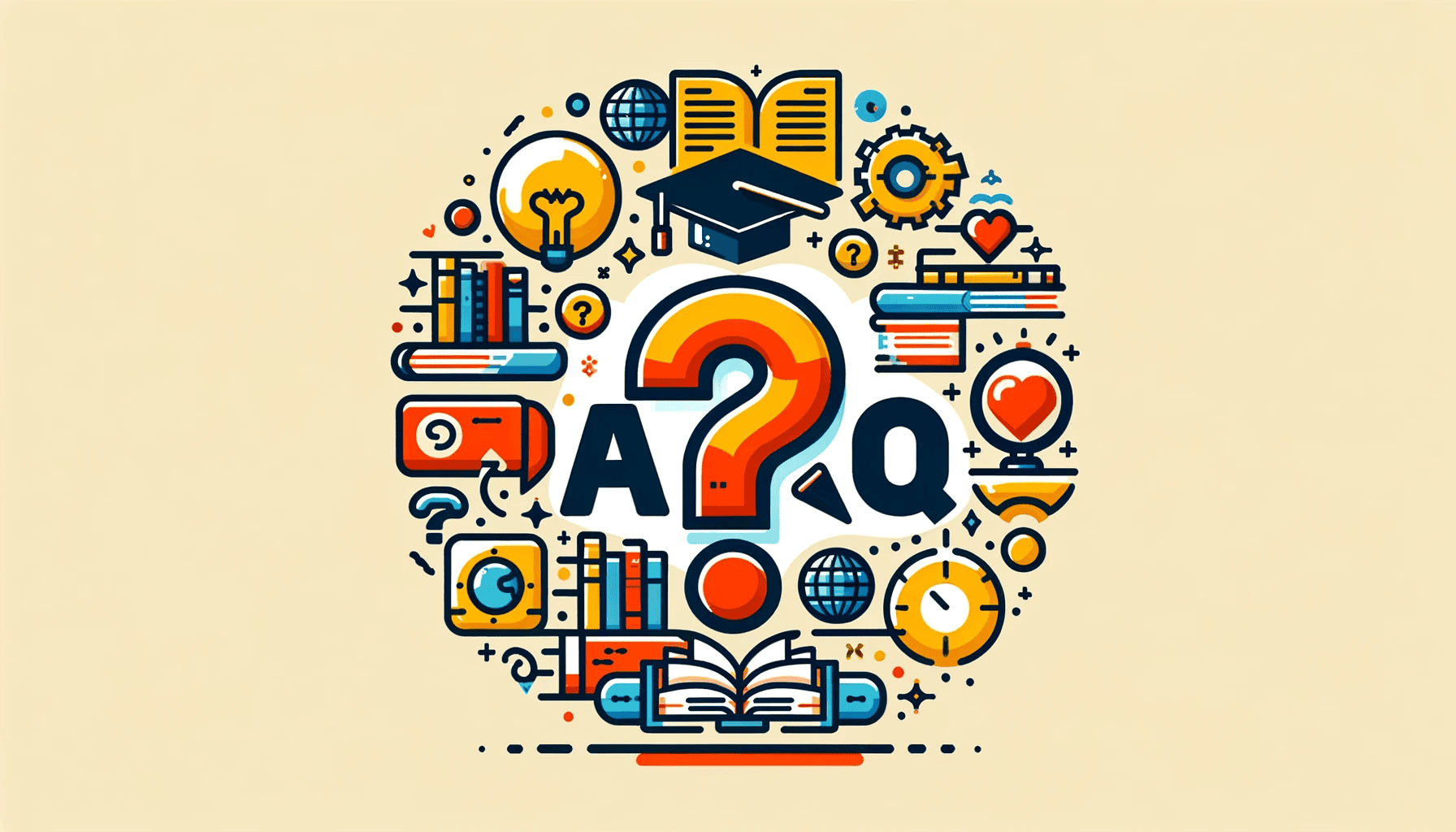 DALL·E 2024-01-25 22.03.51 - Design a vector image for a blog section titled 'FAQs'. The image should depict a question mark surrounded by various educational icons like books, a .png