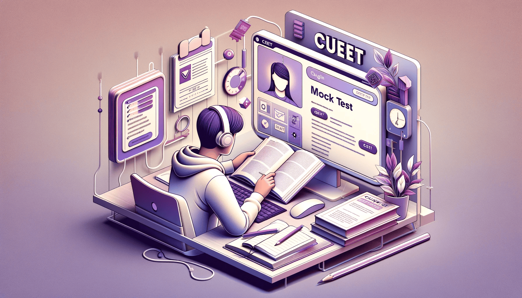 DALL·E 2024-01-26 00.28.32 - A modern, engaging image depicting a student studying for the CUET English exam with books, notes, and a computer displaying a mock test. The image sh.png